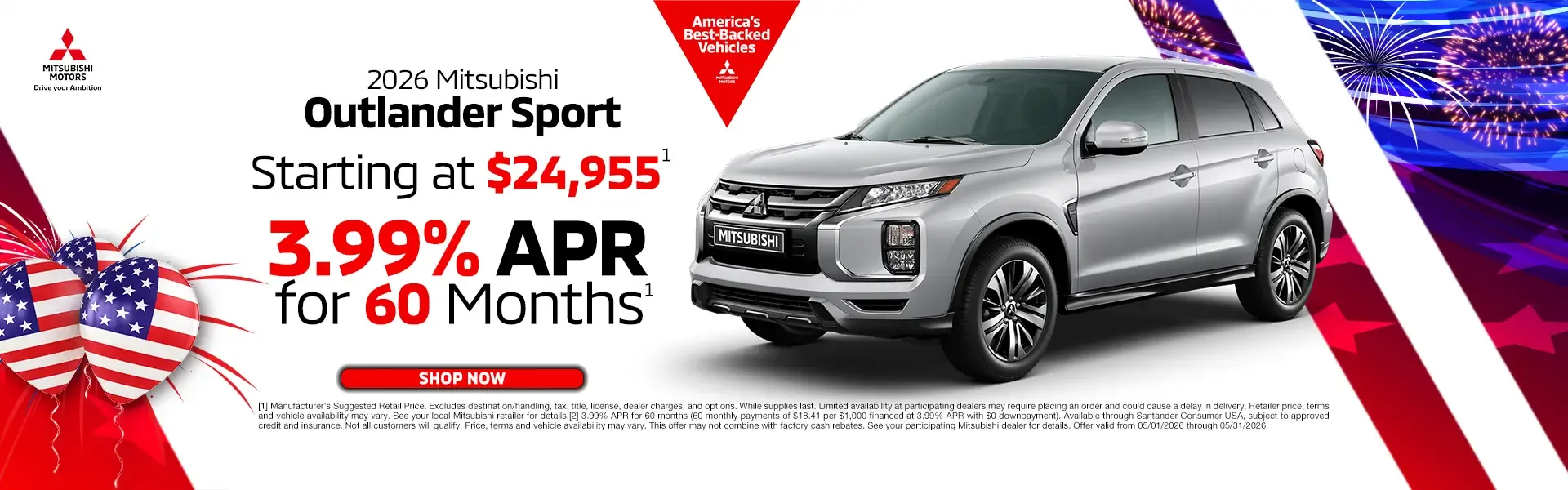 2026 Mitsubishi Outlander Sport starting at $24,955 or 3.99 percent APR for 60 months